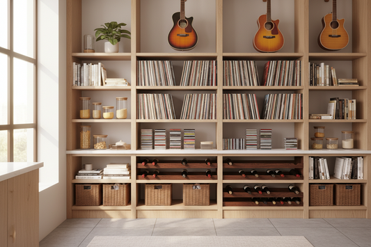 Rangement de collections à la maison : vinyles, CD, livres, vin, guitares et plus