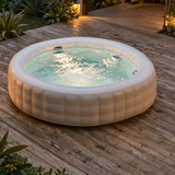 Spa gonflable rond 4 places EspaceSauna sur terrasse bois, visuel provisoire IA - a remplacer par une vraie photo