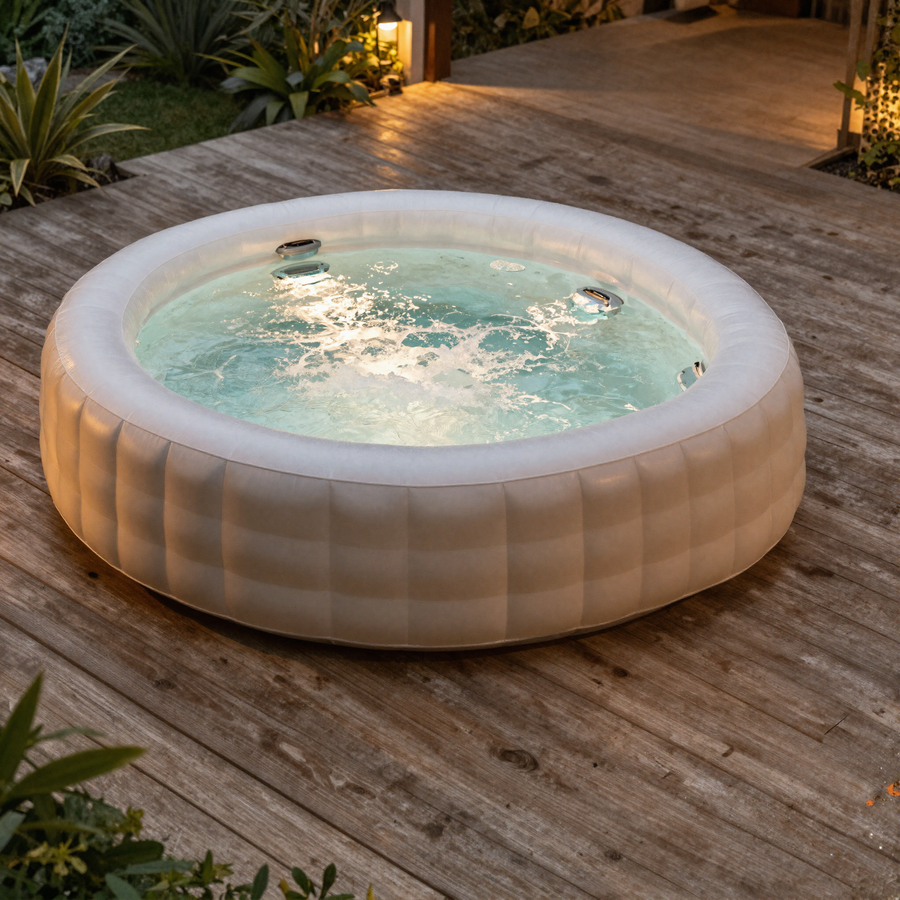 Spa gonflable rond 4 places EspaceSauna sur terrasse bois, visuel provisoire IA - a remplacer par une vraie photo