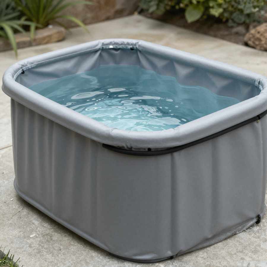 Bain froid portable pliable EspaceSauna en exterieur, visuel provisoire IA - a remplacer par une vraie photo