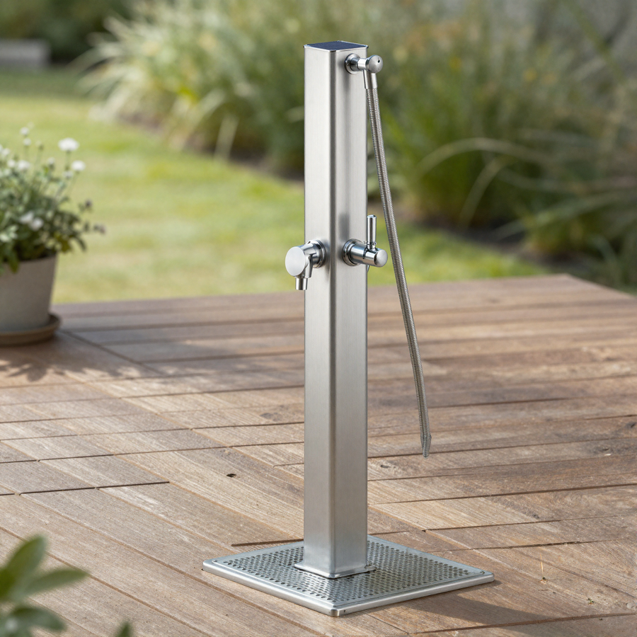 Douche solaire de jardin 20L EspaceSauna en aluminium avec mitigeur, visuel provisoire IA - a remplacer par une vraie photo