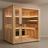 Sauna infrarouge premium EspaceSauna finitions bois noble, visuel provisoire IA - a remplacer par une vraie photo