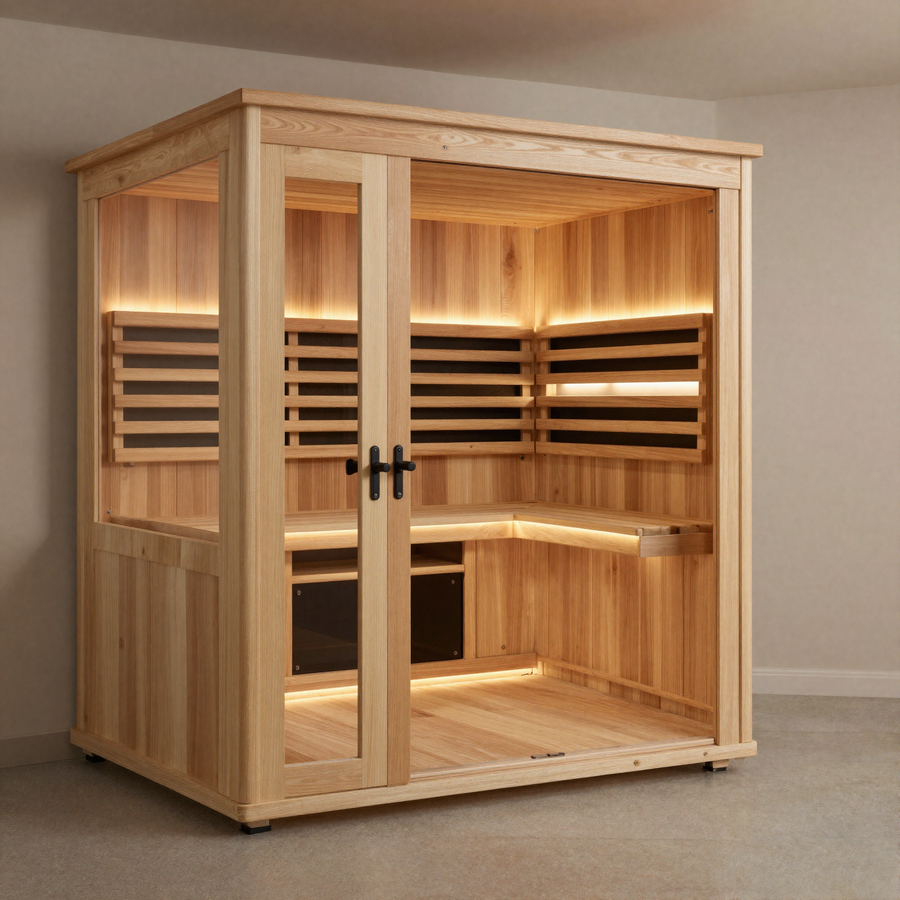 Sauna infrarouge premium EspaceSauna finitions bois noble, visuel provisoire IA - a remplacer par une vraie photo