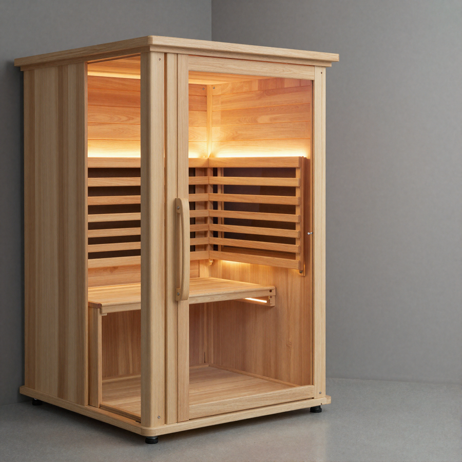 Sauna infrarouge compact interieur EspaceSauna, visuel provisoire IA - a remplacer par une vraie photo